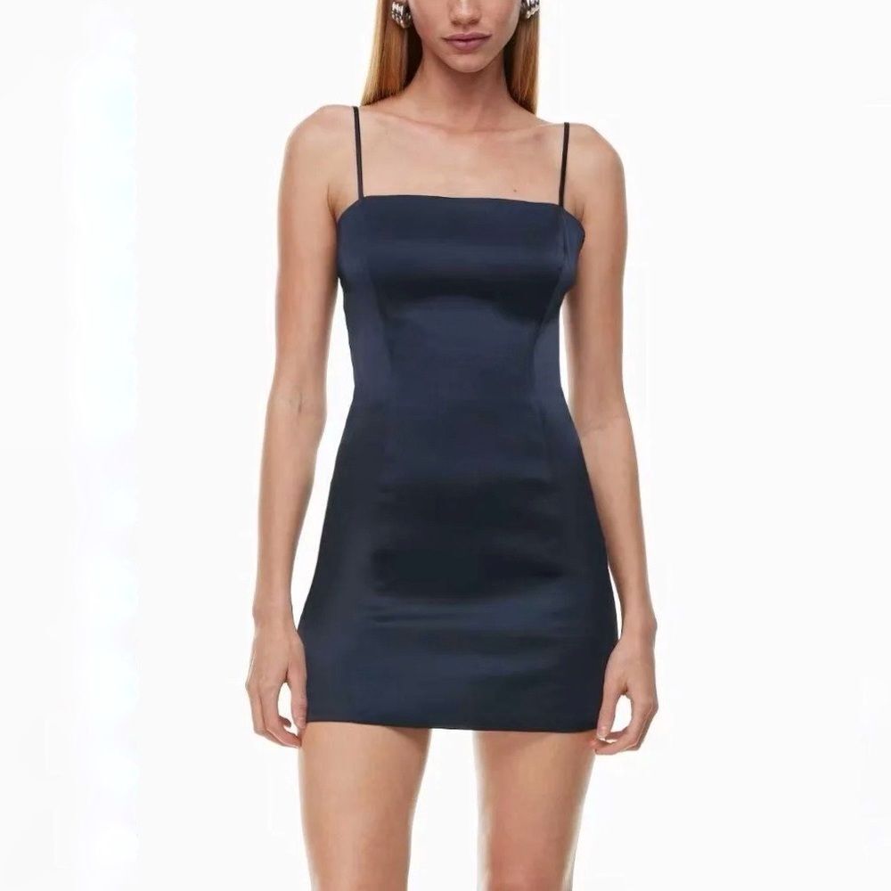 Aritzia Sunday Best Shimmer Satin Dress in Navy Blue Size 8